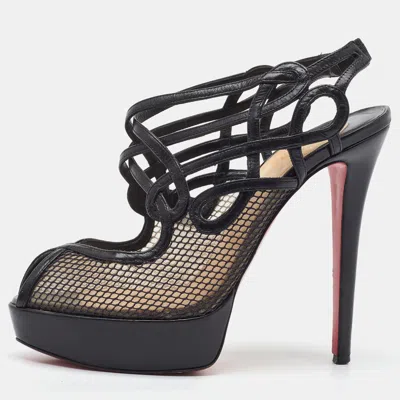 Pre-owned Christian Louboutin Black Leather And Mesh Strappy Platform Slingback Sandals Size 39