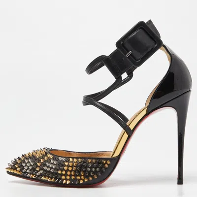 Pre-owned Christian Louboutin Black Leather And Patent Leather Suzanna Spikes Leo Ankle Cuff Sandals Size 36