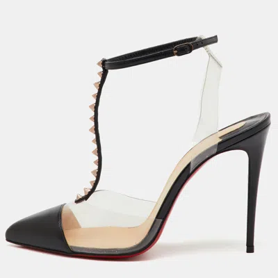 Pre-owned Christian Louboutin Black Leather And Pvc Nosy Spikes T-strap Sandals Size 38