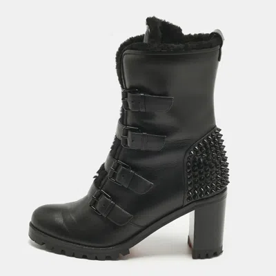 Pre-owned Christian Louboutin Black Leather And Shearing Spike Accents Combat Boots Size 39