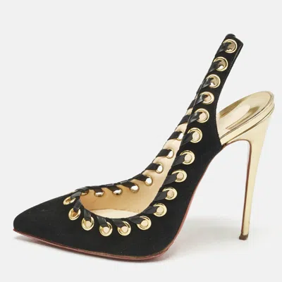 Pre-owned Christian Louboutin Black Leather And Suede Ostri Pumps Size 38.5