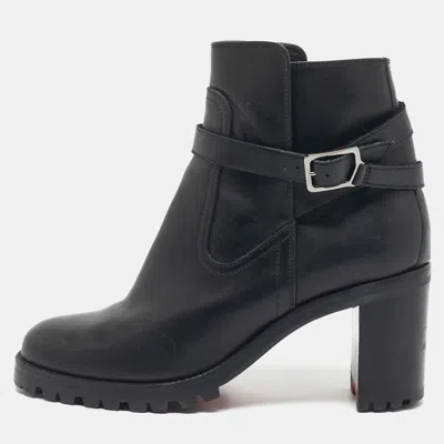 Pre-owned Christian Louboutin Black Leather Block Heel Ankle Length Boots Size 37.5