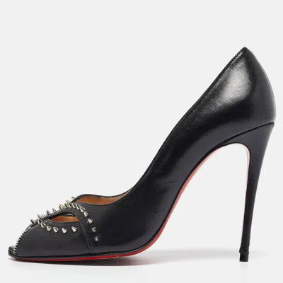 Pre-owned Christian Louboutin Black Leather Cagouletta Spike Cut Out Peep Toe Pumps Size 37