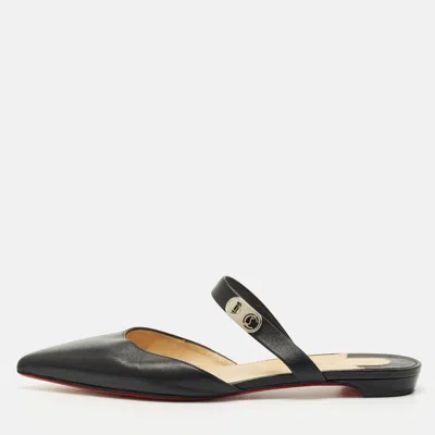 Pre-owned Christian Louboutin Black Leather Choc Lock Flat Mules Size 40.5