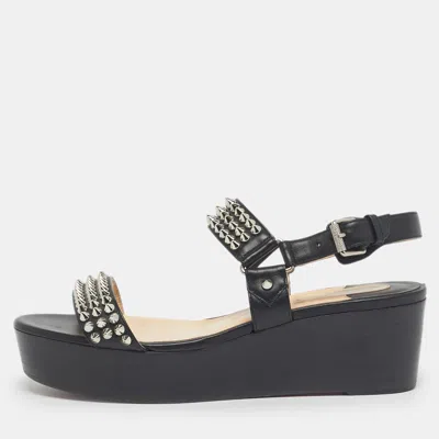 Pre-owned Christian Louboutin Black Leather Cordorella Spiked Wedge Leather Sandals Size 38