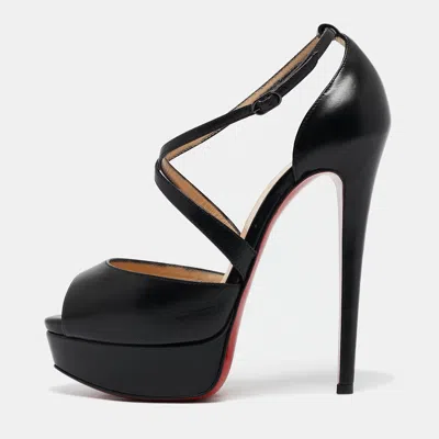 Pre-owned Christian Louboutin Black Leather Cross Me Platform Peep Toe Pumps Size 35.5