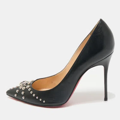 Pre-owned Christian Louboutin Black Leather Door Knock Studded Pumps Size 38