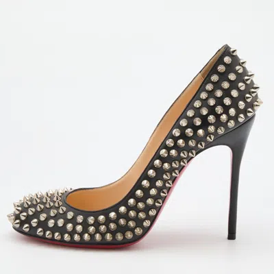 Pre-owned Christian Louboutin Black Leather Fifi Spike Round Toe Pumps Size 37