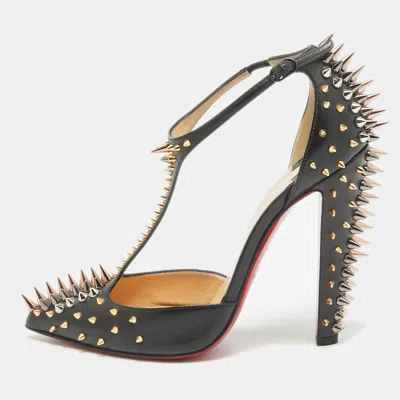 Pre-owned Christian Louboutin Black Leather Goldostrap Spike Pumps Size 37