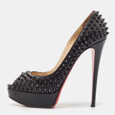 Pre-owned Christian Louboutin Black Leather Lady Peep Toe Spikes Platform Pumps Size 38
