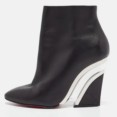 Pre-owned Christian Louboutin Black Leather Levitibootie Ankle Length Wedge Boots Size 37.5