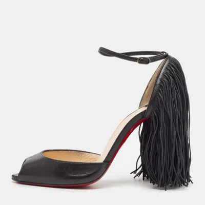 Pre-owned Christian Louboutin Black Leather Otrot Fringe Ankle-strap Sandals Size 36.5
