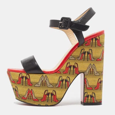 Pre-owned Christian Louboutin Black Leather Printed Platform Block Heel Ankle Strap Sandals Size 35