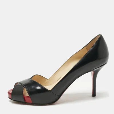 Pre-owned Christian Louboutin Black Leather Shelley Peep Toe Pumps Size 36.5