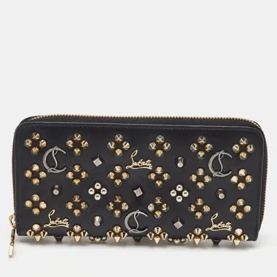 Pre-owned Christian Louboutin Black Leather Spike Panettone Zip Around Wallet