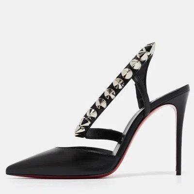 Pre-owned Christian Louboutin Black Leather Spikita Slingback Pumps Size 37.5