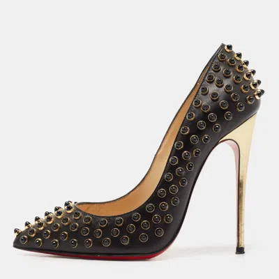 Pre-owned Christian Louboutin Black Leather Studded Follies Cabo Pumps Size 34.5