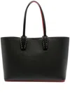 CHRISTIAN LOUBOUTIN BLACK LEATHER TOTE HANDBAG WITH SILVER STUD EMBELLISHMENT AND TWO-TONE DESIGN