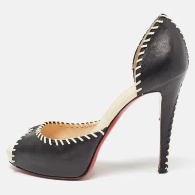 Pre-owned Christian Louboutin Black Leather Whipstitch Detail Peep Toe D'orsay Pumps Size 37.5