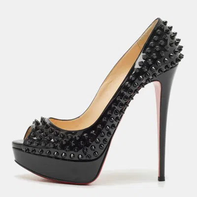 Pre-owned Christian Louboutin Black Leather Yolanda Spikes Peep Toe Pumps Size 40