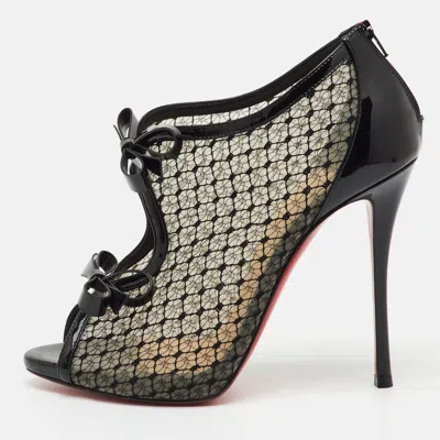 Pre-owned Christian Louboutin Black Mesh And Patent Leather Empiralta Bow Booties Size 39