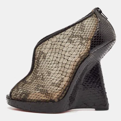 Pre-owned Christian Louboutin Black Mesh And Python Leather Janet Wedge Booties Size 39