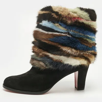 Pre-owned Christian Louboutin Black Mink Fur And Suede Alexandra 70 Mink Ankle Length Boots Size 41