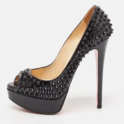 Pre-owned Christian Louboutin Black Patent Lady Peep Spikes Pumps Size 35