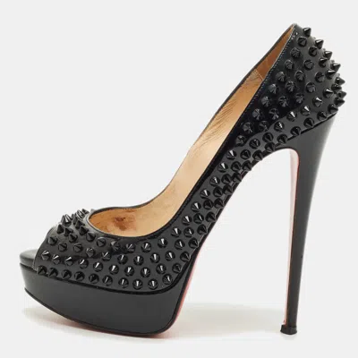 Pre-owned Christian Louboutin Black Patent Lady Peep Toe Spikes Platform Pumps Size 39