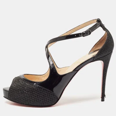 Pre-owned Christian Louboutin Black Patent Leather And Glitter Fabric Mira Bella Cross Strap Sandals Size 37.5