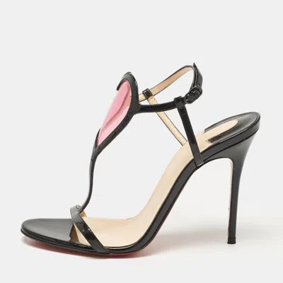 Pre-owned Christian Louboutin Black Patent Leather And Pvc Cora Heart Ankle Strap Sandals Size 36