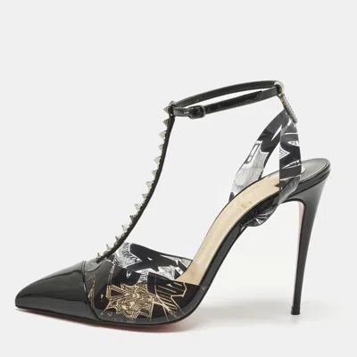 Pre-owned Christian Louboutin Black Patent Leather And Pvc Nosy Spike Ankle Strap Sandals Size 40