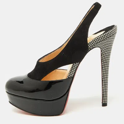 Pre-owned Christian Louboutin Black Patent Leather And Suede Platform Slingback Sandals Size 36.5