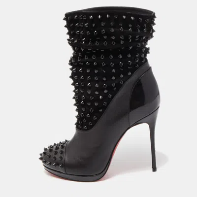 Pre-owned Christian Louboutin Black Patent Leather And Suede Spike Wars Ankle Boots Size 36