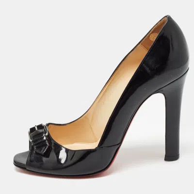 Pre-owned Christian Louboutin Black Patent Leather Buckle Detail Open Toe Pumps Size 39