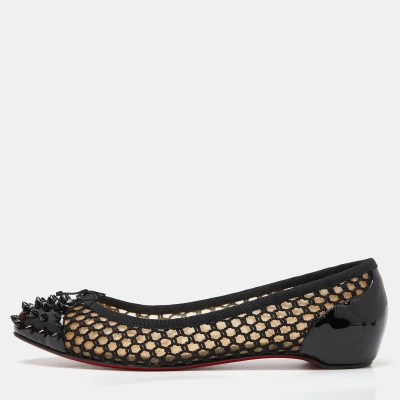 Pre-owned Christian Louboutin Black Patent Leather Cord Mix Spike Cap Toe Ballet Flats Size 42