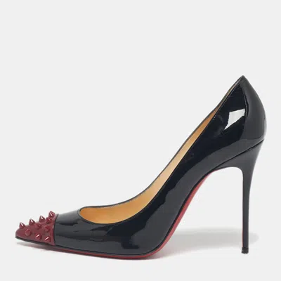 Pre-owned Christian Louboutin Black Patent Leather Geo Spike Studded Cap Toe Pumps Size 40