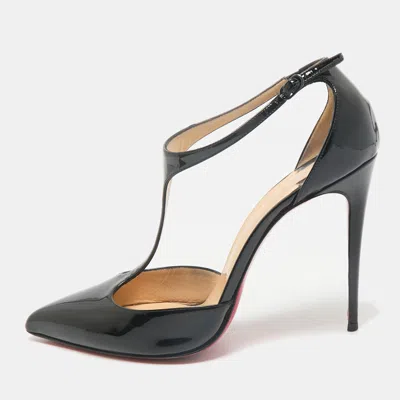 Pre-owned Christian Louboutin Black Patent Leather J String T-strap Pumps Size 39.5