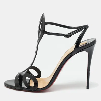 Pre-owned Christian Louboutin Black Patent Leather L 100 Ankle Strap Sandals Size 41