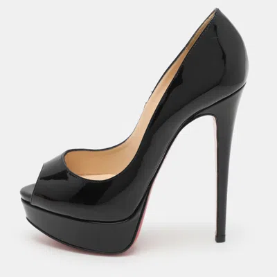 Pre-owned Christian Louboutin Black Patent Leather Lady Peep Platform Pumps Size 35.5