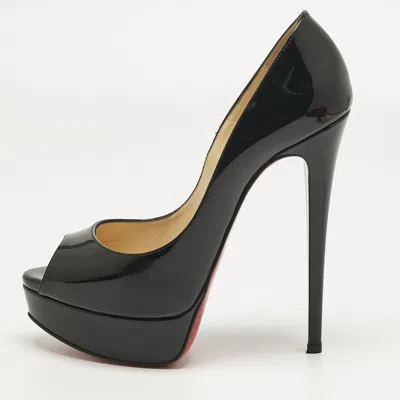 Pre-owned Christian Louboutin Black Patent Leather Lady Peep Platform Pumps Size 37.5