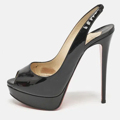 Pre-owned Christian Louboutin Black Patent Leather Lady Peep Sling Pumps Size 39.5