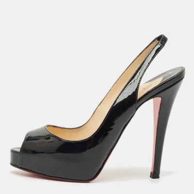 Pre-owned Christian Louboutin Black Patent Leather Lady Peep Slingback Pumps Size 35