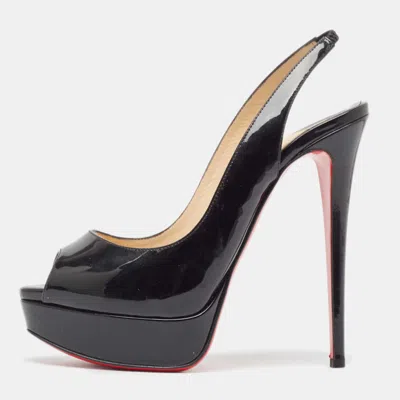 Pre-owned Christian Louboutin Black Patent Leather Lady Peep Slingback Pumps Size 39