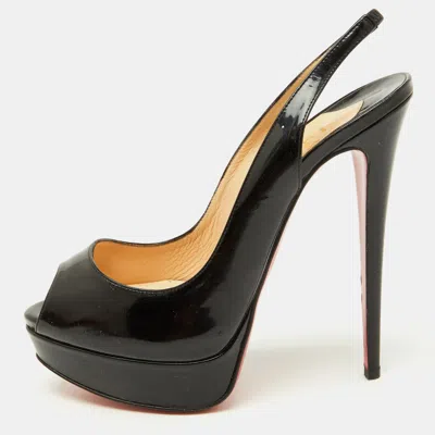 Pre-owned Christian Louboutin Black Patent Leather Lady Peep Slingback Pumps Size 39.5