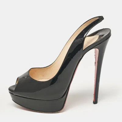 Pre-owned Christian Louboutin Black Patent Leather Lady Peep Slingback Pumps Size 39.5