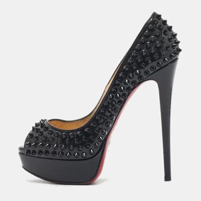 Pre-owned Christian Louboutin Black Patent Leather Lady Peep Spikes Platform Pumps Size 37