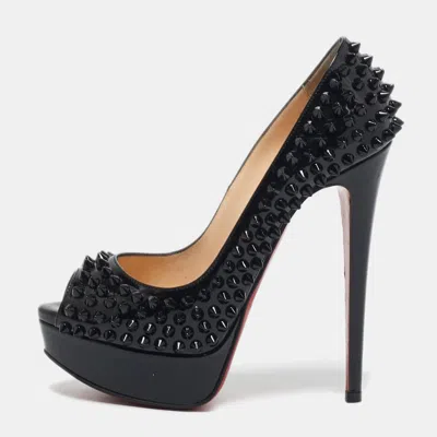 Pre-owned Christian Louboutin Black Patent Leather Lady Peep Spikes Pumps Size 35
