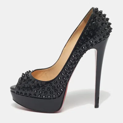 Pre-owned Christian Louboutin Black Patent Leather Lady Peep Spikes Pumps Size 38