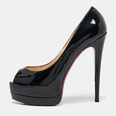 Pre-owned Christian Louboutin Black Patent Leather Lady Peep Toe Platform Pumps Size 38.5